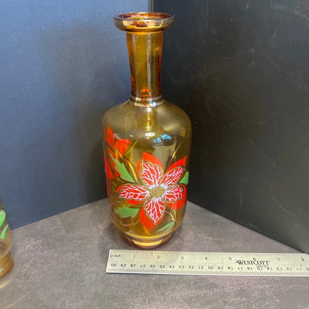 Amber Glass Red Flower‎ Decanter Green Leaf Glasses Vintage Barware Gold Trim